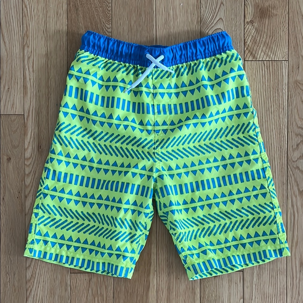 Land’s End Patterned Swim Shorts Trunks, Blue & Yellow/Green, Used, SzM